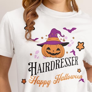 Maglietta da parrucchiere, maglietta con zucca, maglietta da parrucchiere, maglietta di Halloween, maglietta da stilista, maglietta da parrucchiere, regalo per parrucchieri, regalo per salone di parrucchiere, capelli