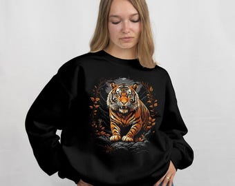 Tiger Sweatshirt with Bold Amber Graphic, Cozy Crewneck Pullover