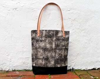 Black and Tan Block Printed Tote Bag - Handmade Canvas Purse with Block Stitch Pattern