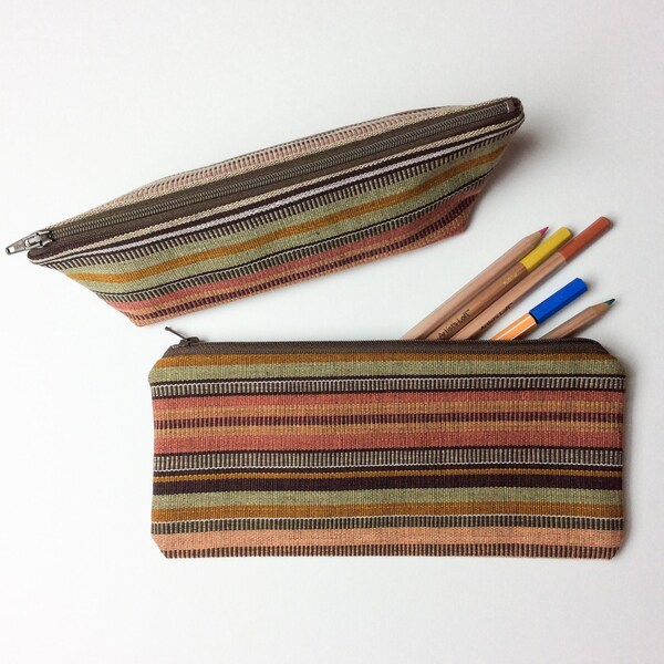 Handwoven Guatemalan Fabric Pencil Case - Unique Textile Pouch - Triangle Zipper Pouch Travel bag Back to school supply - Desert Sunset