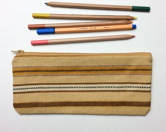 Handwoven Guatemalan Fabric Pencil Case - Unique Textile Pouch - Triangle Zipper Pouch Travel bag Back to school supply - Sandy Yellow