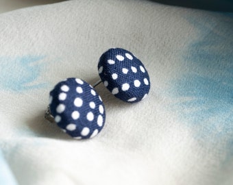 Little Button Earrings Blue and White Polka Dot