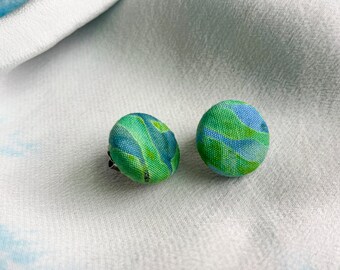 Batik Leafy Green Button Earrings