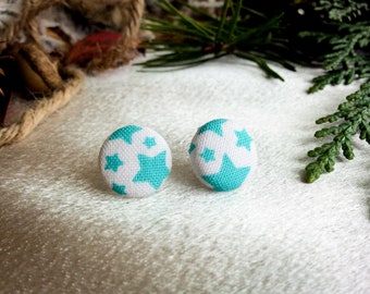 Teal Stars Upcycled Fabric Button Stud Earring