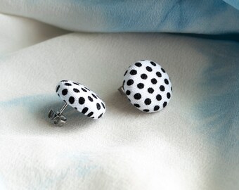 Little Button Earrings Black and White Polka Dot