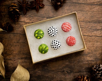 Button Earrings - Christmas Set of 3 - Red, Green, White Recycled Fabric Button Earrings