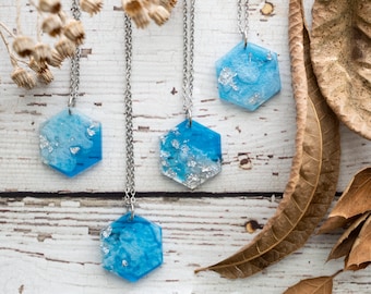 Blue Resin and Silver Hexagon Necklace