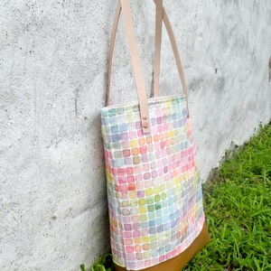 Rainbow Watercolor Tote Bag Cute Handmade Canvas Purse with Leather Straps and Interior Pocket image 5