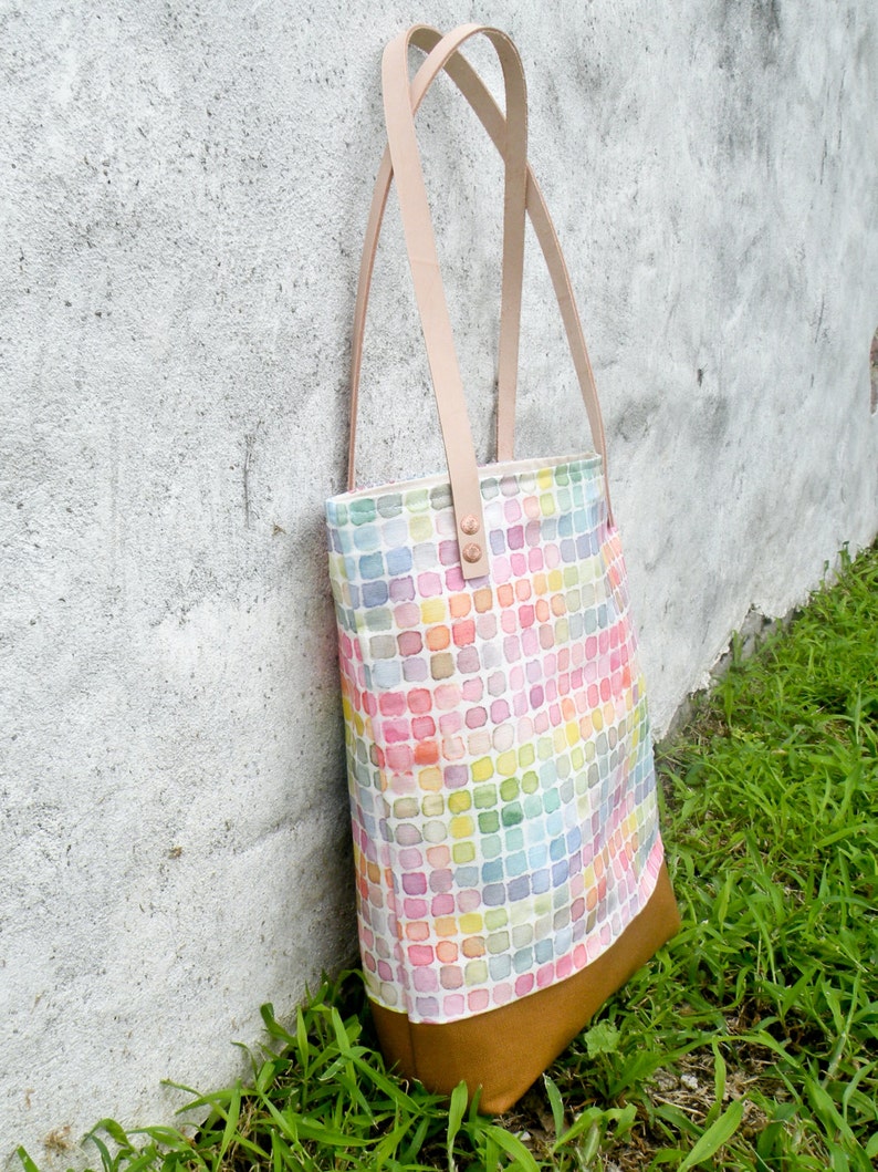 Rainbow Watercolor Tote Bag Cute Handmade Canvas Purse with Leather Straps and Interior Pocket image 5