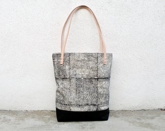 Maze Tote Bag - Block Printed Canvas Handbag with Intricate Labyrinth Pattern