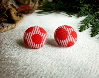 Red Polka Dot Fabric Covered Button Earrings