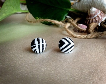 Black and White Fabric Covered Button Stud Earring