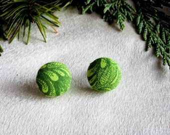 Swirl Green Covered Button Earring - Upcycled