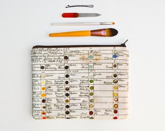 Vintage Color Chart Makeup Bag - Large Pencil Case - Zipper Pouch - Art Supply Bag - Art Paper - Watercolor Bag - Color Guide - Pencil Bag