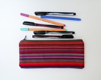 Handwoven Guatemalan Fabric Pencil Case - Unique Textile Pouch - Triangle Zipper Pouch Travel bag Back to school supply  Rainbow Multistripe