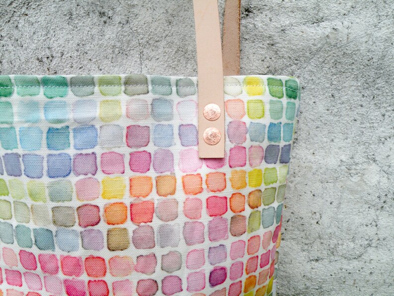 Rainbow Watercolor Tote Bag Cute Handmade Canvas Purse with Leather Straps and Interior Pocket image 4