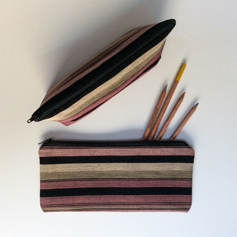 Guatemalan Bag Zipper Pouch Ikat Dusty Sunset Pink Mauve Black Southwestern Makeup Bag Woven Fabric Pencil Case