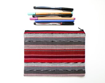 Handwoven Guatemalan Fabric Cosmetic Case - Unique Textile Pouch - Triangle Zipper Makeup Bag - Back to school supply - Red Gray Black