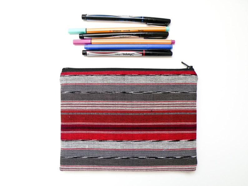 Guatemalan Fabric Makeup Bag Red Gray Brown Black