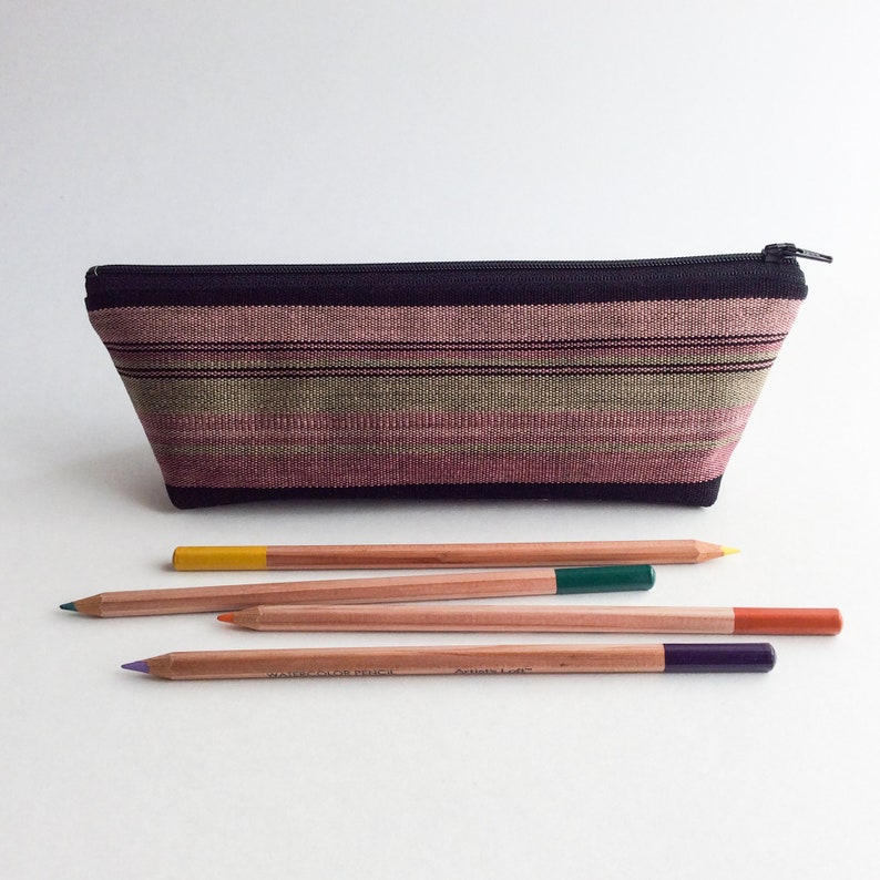 Guatemalan Bag Zipper Pouch Ikat Dusty Sunset Pink Mauve Black Southwestern Makeup Bag Woven Fabric Pencil Case