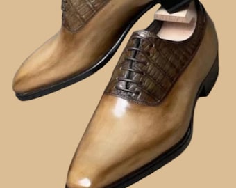 Handcrafted New Men's Two Tone Brown Leather, Men's Oxford Lace Up Dress Shoe