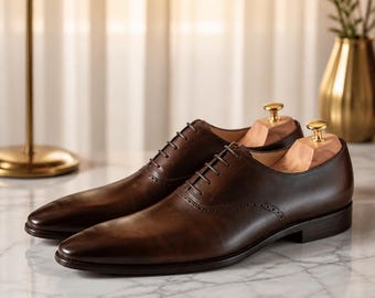 Handmade brown leather Oxford brogue shoes, dress shoes