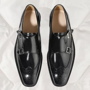 New Handmade Black Leather Wing Tip Double Monk Strap Oxford Dress Shoe