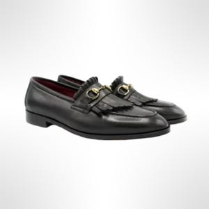 Handmade Men Black Leather Loafer shoes with fringes, Casual loafer shoes