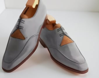 Zapatos de vestir formales con cordones de cuero gris hechos a mano para hombre