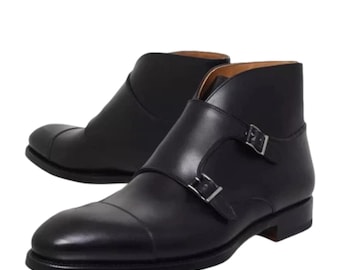 Handmade Black Leather Formal Double Monk Strap Business Boots For Mens