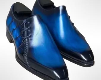 blue dress for baby girl Men Two Tone Blue Leather Shoes with black laces