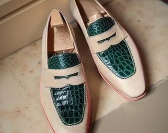 Handmade Men Two Tone Leather Moccasins, Dress Shoes, Office Loafers