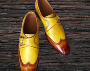 Pure Handmade Men's Yellow and Brown Leather Single Monk Strap Wingtip Shoes