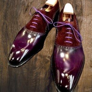 Handmade Purple Leather and Suede Dress, Oxford Lace up Shoes