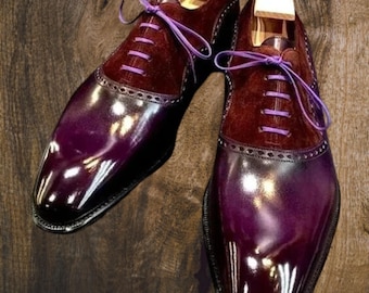 Handmade Purple Leather and Suede Dress, Oxford Lace up Shoes