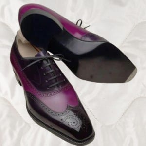 Handmade Purple & Black Brogue Leather Shoes, Lace Up Formal Dress, WingTip Shoe