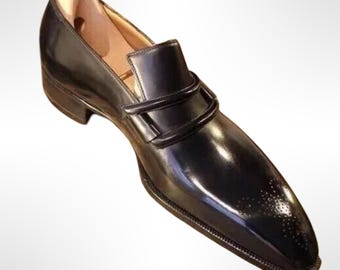 Handmade Pure Black Leather Custom made Loafer Shoes, Moccasin Slip Men's Dress