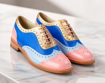 Women's Multi Color Leather and Suede Oxford Wingtip Brogue Lace up Fashion Shoe