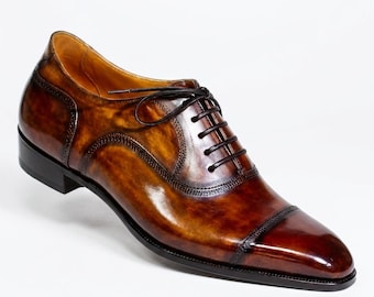 Handmade Men's Leather Oxfords Wingtip Brown Burnished Dress Lace Up Shoes