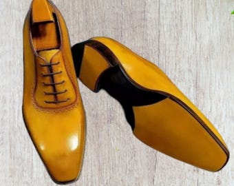 Handmade Yellow Leather Oxford Shoes: Men's Formal Dress Shoes