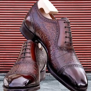 Handmade Chocolate Brown Leather Oxford Lace Up Toe--Cap Formal Shoes Men