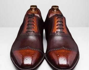 New Handmade Men's Tan, Chocolate Brown Leather Wingtip Lace Up Shoe