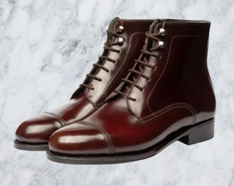 Handmade men’s brown cowhide leather cap toe lace up Balmoral boots for men