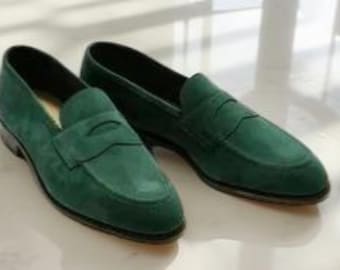 Handmade Green Suede Leather Penny Loafer Slip on Shoes for Men's Casual Shoes