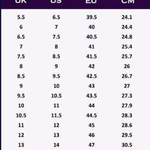 May include: A shoe size conversion chart for men, with UK, US, EU, and CM measurements. The chart is on a dark purple background with white text. The chart includes sizes from UK 5.5 to 14, US 6.5 to 15, EU 39.5 to 48, and CM 24.1 to 31.1.