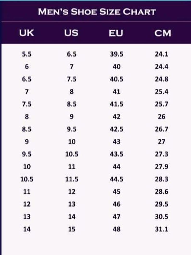 May include: A shoe size conversion chart for men, with UK, US, EU, and CM measurements. The chart is on a dark purple background with white text. The chart includes sizes from UK 5.5 to 14, US 6.5 to 15, EU 39.5 to 48, and CM 24.1 to 31.1.