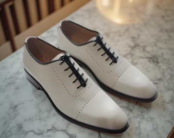 Handmade White Leather Oxford Shoes - Men's Dress Shoes