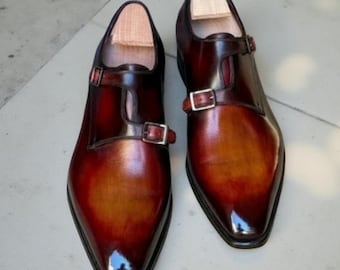 New Handmade Men's brown Leather double Monk strap  Formal Dress Shoes