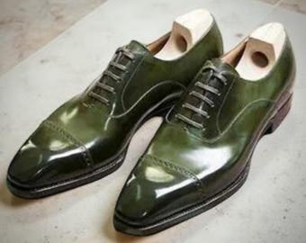 Elegant Men's Handmade Green Leather Cap Toe Lace Up Oxford Brogue Style Shoes