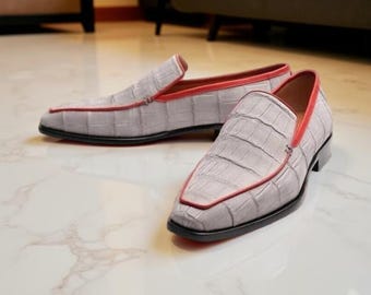 Men's Handmade Leather Shoes, White Pattern Formal Dress Loafer Shoe